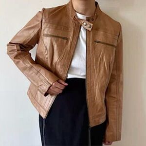 Arden B 100% Leather Moto Jacket, Butterscotch Camel Tan Color, Zippers, Sz - M